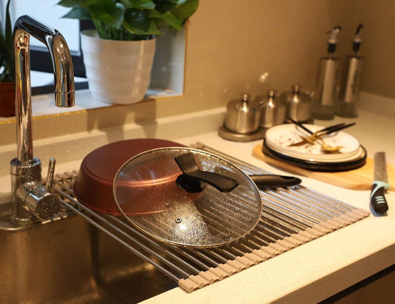 Ahyuan Roll up Dish Drying Rack Over The Sink Kitchen Roll up Sink Drying Rack Portable Dish Drainer Foldable Dish Drying Rack (Warm Gray, 17.8''X15.8'') - Image 2